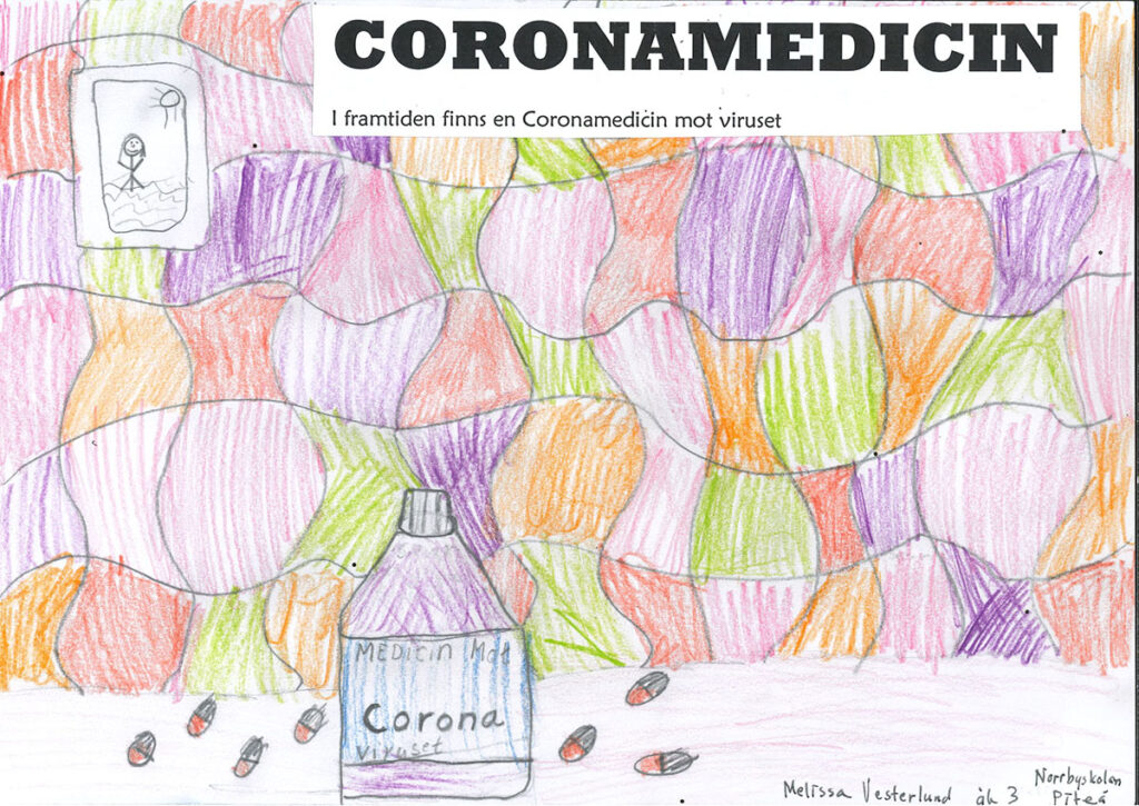 En teckning av en flaska med coronamedicin.