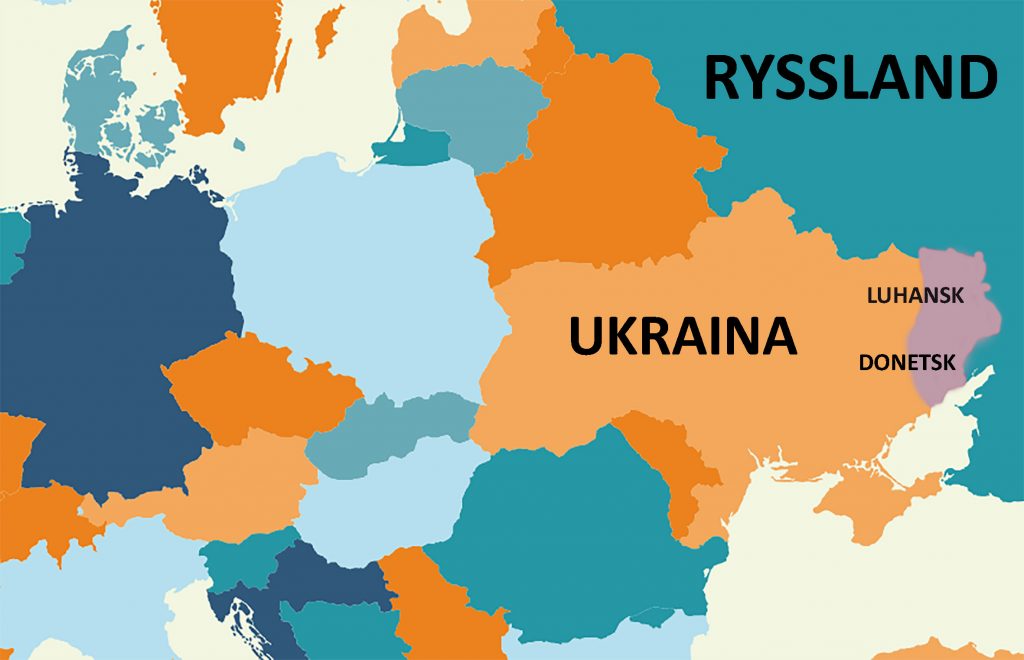Karta där Luhansk och Donetsk är markerade i östra Ukraina, på gränsen till Ryssland.